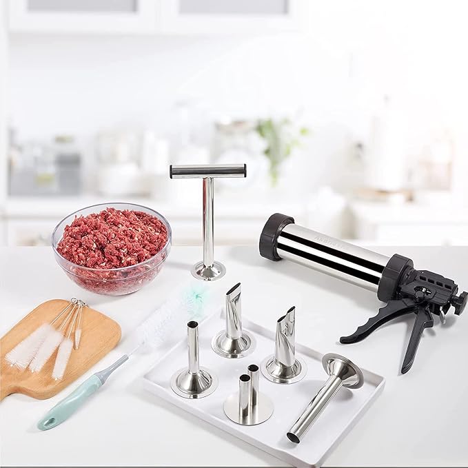 1.57 LB Large Capacity Jerky Gun Kits, Stainless Steel Jerky Shooter Cannon, Beef Stick Gun, Beef Deer Jerky Maker, Meat Gun, Sausage Stuffer with 5 Nozzles 5 Brushes 1 Meat Pusher, Gift for Women Mom