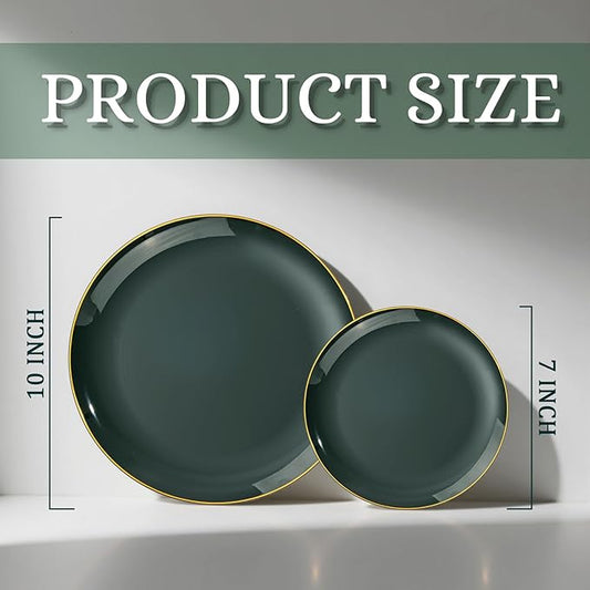 bUCLA 200PCS Green Plastic Plates - Green Disposable with Gold Rim Include 100 Dinner 10 inch & 100 Dessert 7 inch Plates, Ideal for Party & Christmas