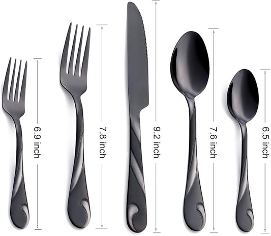 Black Silverware Set for 6, 30-Piece Stainless Steel Flatware Set, Shiny Black Metal Cutlery Set, Include Fork, Knife and Spoon Set, Dishwasher Safe