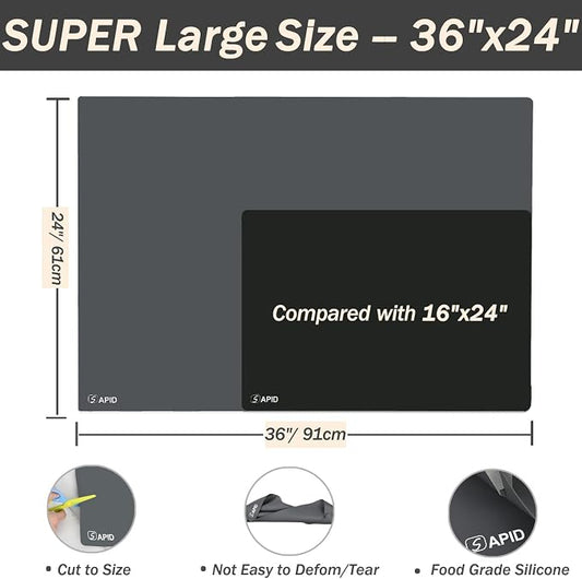 Extra Large Silicone Mat Kitchen Counter Heat Resistant Table Mat 36" x 24" | Place Mats Countertop Protector, Thick Placemats Washable Silicone Mats for Kitchen Counter Dining Table Mat, DarkGrey, Sapid