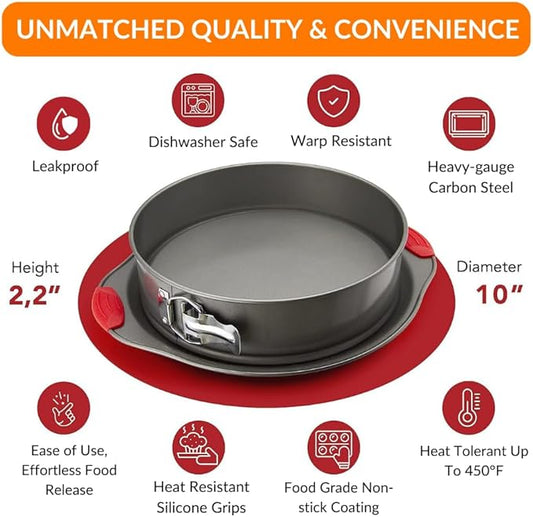 Boxiki Kitchen 10 Inch Nonstick Springform Pan, Professional Spring Form and Cheesecake Baking Mold, Leakproof Cake Pan with Silicone Handles