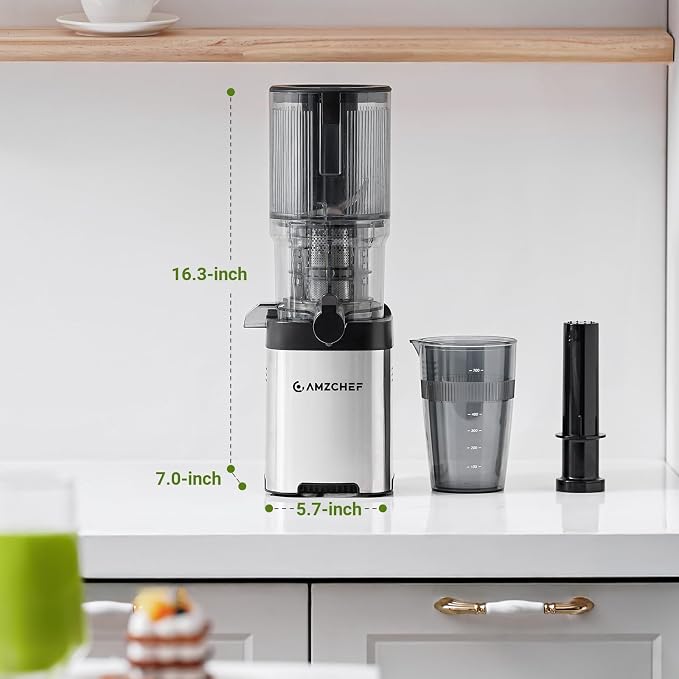 AMZCHEF Cold Press Juicer, 5.4" Whole Fruit Self-Feeding Slow Juicer | Stainless Steel Slow Masticating Juicer Easy to Clean | Triple Strainers | Large Auger | High Yield
