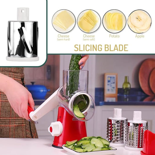 Rotary Cheese Grater with Handle Vegetable Shredder Round Kitchen Slicer Mandoline Grater for Vegetable, Nuts, Chocolate, Cheese, White, 3 Stainless Steel Blades