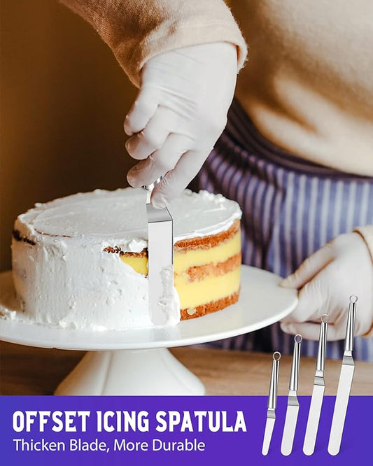Offset Icing Spatula, Cake Angled Spatula Set with 4, 6, 8 & 10 Inch Blades, Stainless Steel Handle Suitable for Home, Kitchen or Bakery
