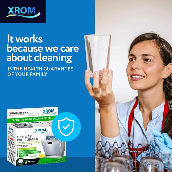 XROM Dishwasher Cleaner Tablets, Plant Based, Deep Clean And Descale, Removes Odors, Removes Hard Water Stains, Powerful Descaling, 6 Treatments (Lemon Scent)