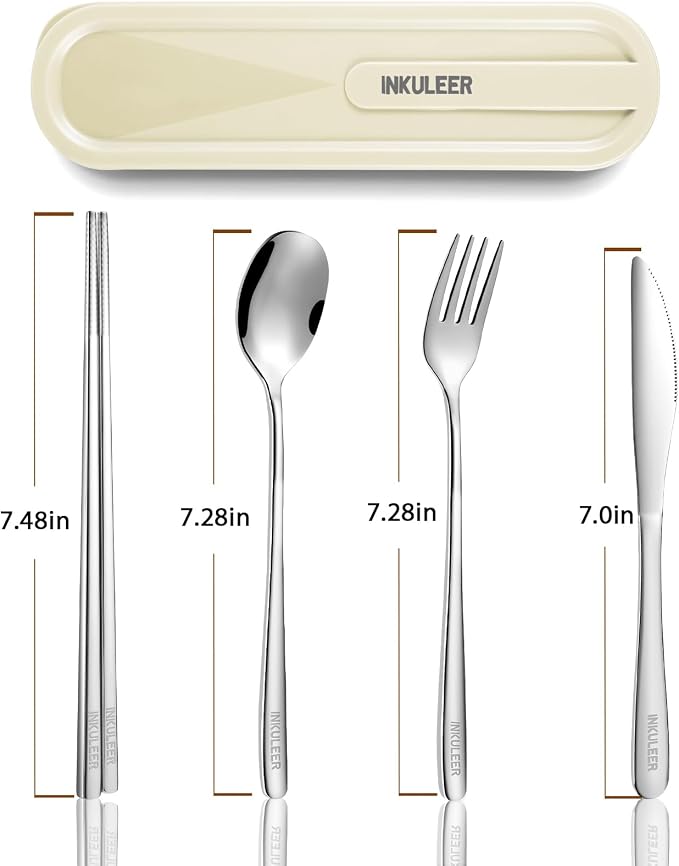 iNKULEER Travel cutlery set, 18/8 stainless steel cutlery, Reusable utensils set with case, Portable Silverware Lunch Box for Camping and Office-Stainless steel
