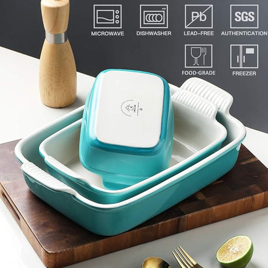 Sweejar Baking Pans Set, Ceramic 9x13 Baking Dish with Handle, Rectangular Casserole Dishes for Oven, Bakeware Sets of 3, Durable Lasagna Pan Deep for Kitchen, Banquet, Wedding Gift(Turquoise)