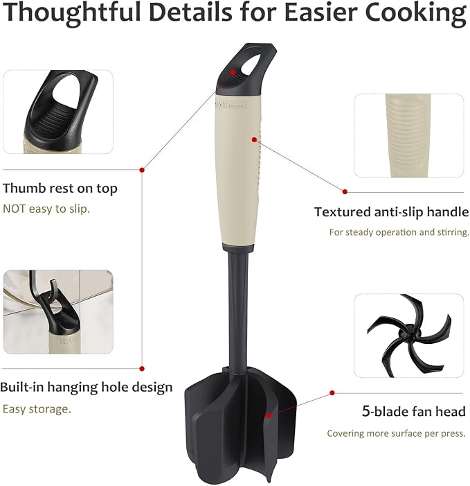 Ourokhome Meat Chopper and Potato Masher, Heat Resistant Nylon Ground Beef Smasher for Hamburger, 5 Curved Blades Nonstick Safe Mixer & Stirrer, Practical Kitchen Gadgets, Almond
