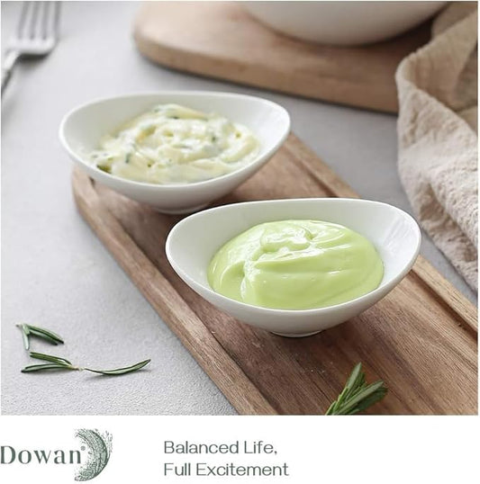 DOWAN Ceramic Dip Bowls, 3 oz 8 Pack Dipping Bowl, Mini Serving Bowls for Side Dishes, Sushi Soy Sauce Dish, Gravy Boat Porcelain Dipping Sauce Cups for BBQ and Party Dinner, Soft White