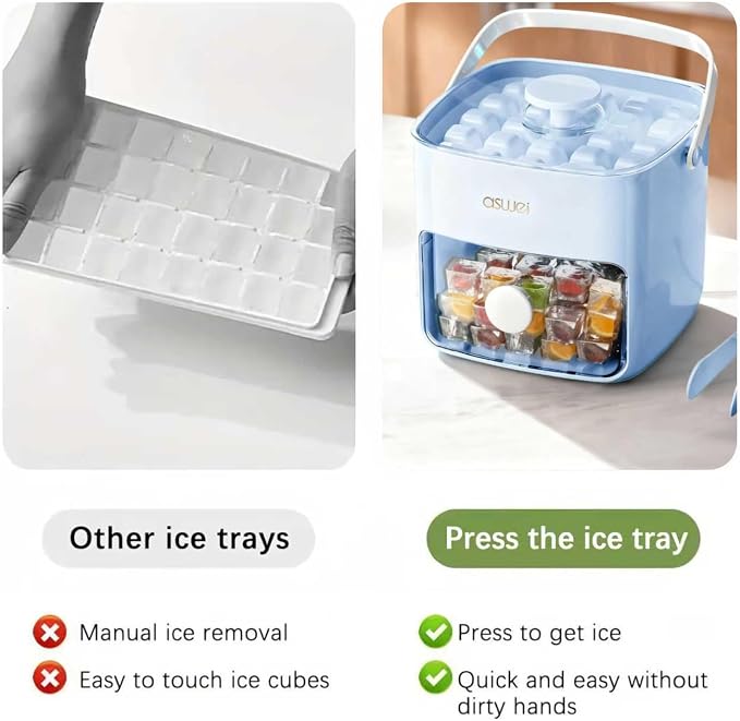 Ice Cube Tray for Freezer with Lid and Bin, Press Type Small Ice Cube Maker 48PCS with Storage Box Tongs, Stackable BPA-Free Silicone Ice Cube Trays for Small Freezer RV Coffee Cocktail Blue