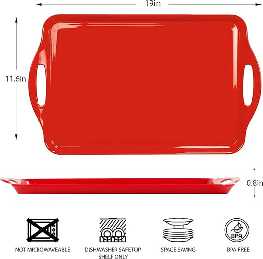 Red Christmas Serving Tray with Handles, 19''x11.6'' Extra Large Red,Melamine Platters Set of 2, Rectangular Trays for Serving Food, Turkey, Cookie, Cupcakes, Desserts, Dishwasher Safe, BPA-Free