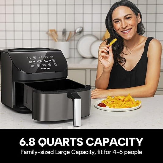 Air Fryer 6.8 Quarts, 10-in-1 Functions, Air Fry, Roast, Bake, Broil, Dehydrate, Large & Compact Air Fryers, Nonstick & Dishwasher-Safe Airfryer Basket, Stainless Steel Air Fryer, Metal Grey
