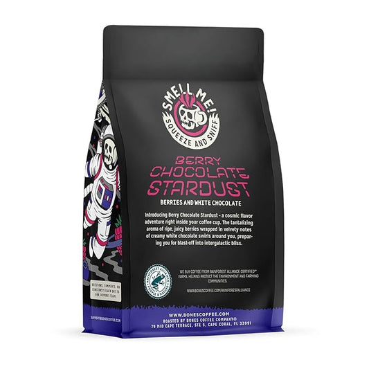 Bones Coffee Company Berry Chocolate Stardust, Berries and White Chocolate Flavored Coffee, Medium Roast Low Acid Arabica Beans For Auto drip and French Press Coffee Maker, 12 Oz Whole Bean