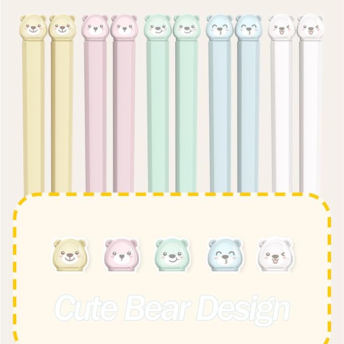 Cute Bear 5 Pairs Dishwasher Safe Fiberglass Chopsticks Reusable, Non-slip | Premium Lightweight Japanese Chinese Korean for Sushi Ramen 25.1cm/9.88inch, Food-Grade, BPA-Free, Durable, Heat-Resistant