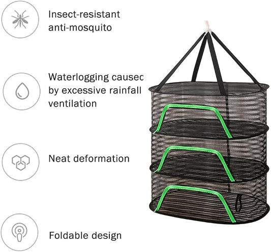 Foldable Drying Net for Vegetables, Fish, and Dehydrated Goods, Multi-Tiered Food Drying Net, Versatile Drying Rack, Windproof Design, Zipper Closure for Insect Protection 3Layer Black