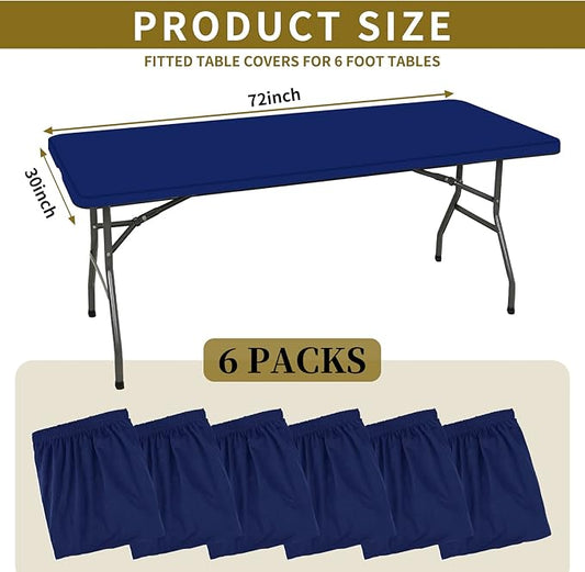 6 Pack Stretch Fabric Table Top Cap Cover, fits 6' Tables, Spandex Table Covers Washable Elastic Rectangle Tablecloth Protector for Indoor Outdoor Party Picnic Wedding, Navy Blue, 30" W x 72" L
