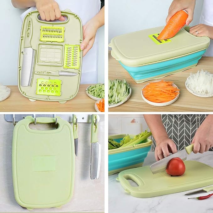 Camping Cutting Board, HI NINGER Collapsible Chopping Board with Colander, 9-In-1 Multi Chopping Board Kitchen Vegetable Washing Basket for Camping,Camping Gifts Camping Accessories for RV Campers
