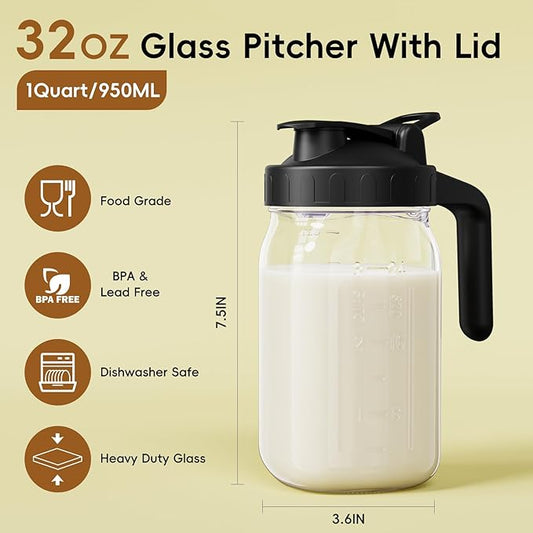 Breast Milk Pitcher Jug - 32 oz Glass Mason Jar Airtight Pitcher with Pour Spout Handle for Breastmilk, Iced Tea, Ice Drinks Storage Container(Black)