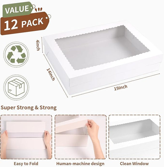 12pcs 19x14x4 inch Cake Boxes with Window,White Rectangle Sheet Large Bakery Boxes for Pastry Dessert Cake, Cupcakes Donuts Cookies Pie Treat Packaging