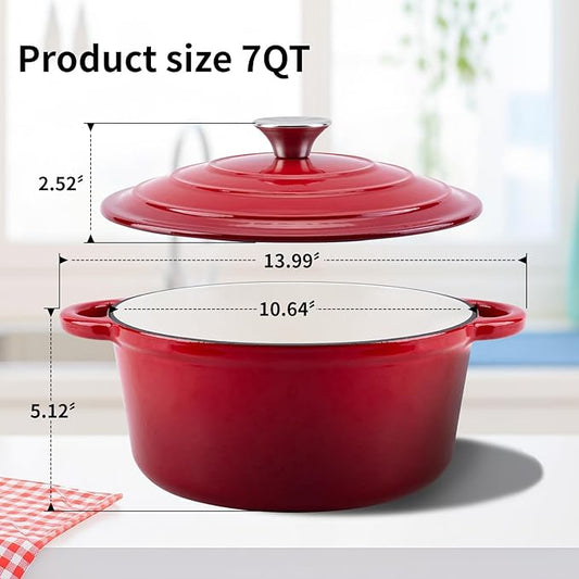 Enameled Cast Iron Dutch Oven Pot with Lid Heavy-Duty Cookware for Bread Baking, Braising, Stews, Roasting,7QT,red