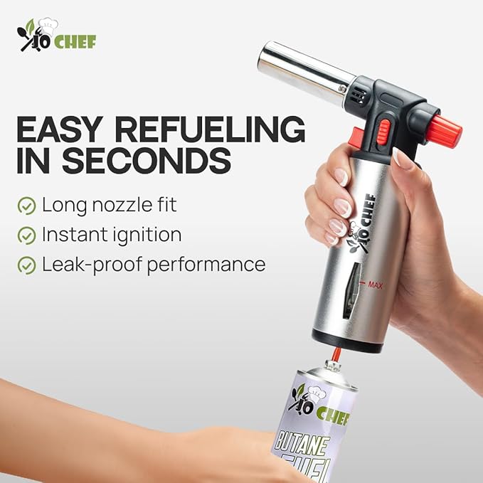 Jo Chef Kitchen Torch with Butane Included – Refillable butane torch Lighter with Safety Lock & Adjustable Flame, Culinary Blow Torch for Cooking, Creme Brulee and Soldering 2 Cans (3.38oz) Included