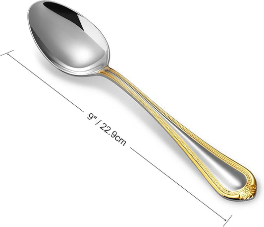 KEAWELL Pearl Edge 4-Piece Premium Spoon Set, 18/10 Stainless Steel, Fine Silverware Spoons with Refined Bead Design, Brightly Polished, Dishwasher Safe (Gold Accent, 9" Serving Spoons)