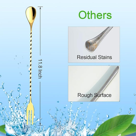 BRIOUT 2 Pcs Bar Spoon, 12 Inches Long Handle Drink Stirrer, Stainless Steel Bar Cocktail Mixing Spoons with Double Ended Design for Stirring, Gold