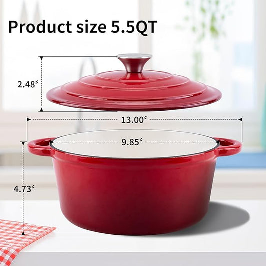 Enameled Cast Iron Dutch Oven Pot with Lid Heavy-Duty Cookware for Bread Baking, Braising, Stews, Roasting,5.5QT,red