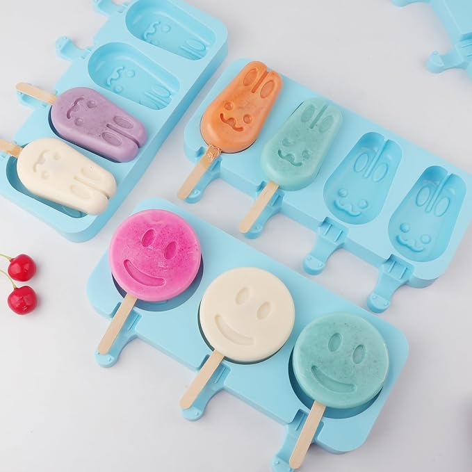 Popsicle Silicone Molds, Homemade Ice Cream 7-Cavity Cartoon Bunny Cake Decorating Fondant Molds 2Pcs, BPA Free and Reusable Cute Bunny Popsicle Molds with 50 Wooden Sticks