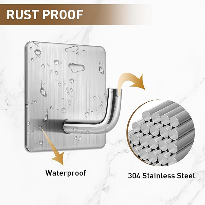 Mondoshop Adhesive Wall Hooks for Home and Kitchen Waterproof Stainless Steel Hooks for Home Office and Outdoor Hanging, Max Load Capacity 6.6 lbs