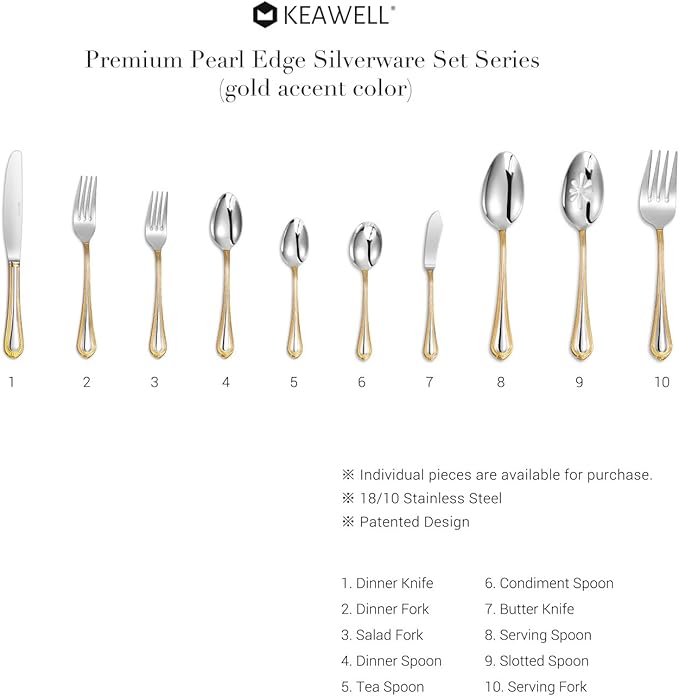 KEAWELL Pearl Edge Premium 65-Piece Refined Bead Silverware Set, 18/10 Stainless Steel, Service for 12, Fine Flatware Set with Serving Utensils, Dishwasher Safe (65, Gold Accent)