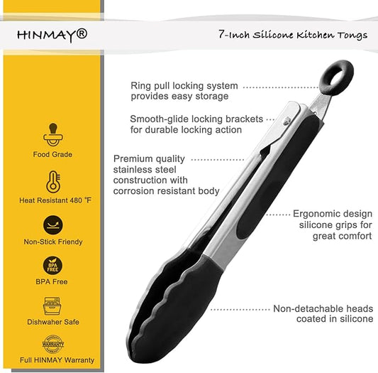 Small Silicone Tongs 7-Inch Mini Serving Tongs, Set of 3 (Black Gray White)