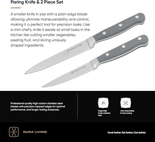 DURA LIVING 3.5 Inch Paring Knife – Essential High Carbon Stainless Steel, Razor-Sharp, Multipurpose Small Kitchen Knife, Ergonomic Handle, Perfect for Precision Tasks, Sleek Gray Design