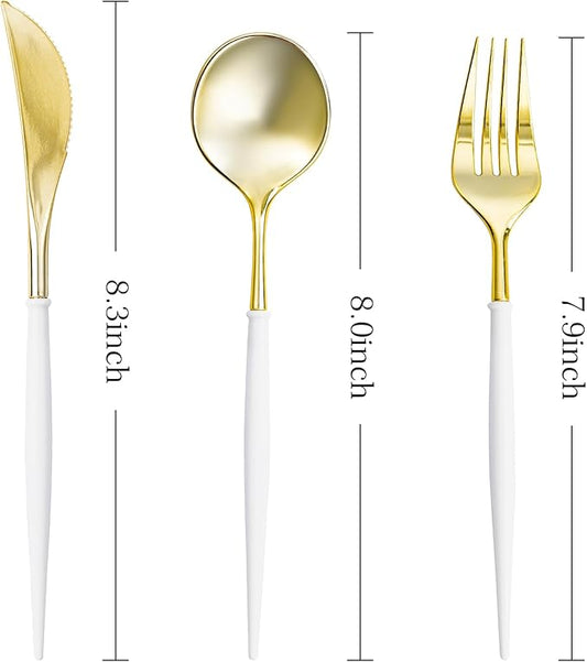 N9R 150Pcs Gold Plastic Silverware-Gold Disposable Utensils with White Handle-Disposable Silverware Heavy Duty with 50 Spoons, 50 Forks, 50 Knives for Party,Birthday and Everyday Use