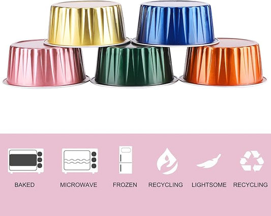 EUSOAR Disposable Ramekins with Lids, 5oz 100pcs Muffin Liners Cups with Lids, Creme Brulee Foil Ramekins, Aluminum Foil Cupcake Baking Cups, for Party Favor Birthday 5 Colors Mixed