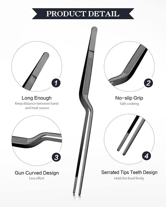 10-inch Cooking Tweezer and Offset Tweezer Set, Tongs Precision Serrated Tips, Stainless Steel Professional Chef Tweezer Kitchen Tools for BBQ, Plating and Serving