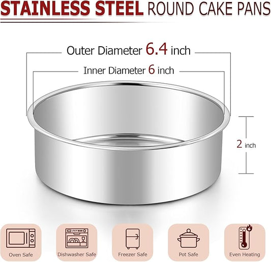 LIANYU Round Cake Pans Set of 2, 6 Inch Round Layer Cake Tins for Baking, Stainless Steel Round Baking Pan, Bakeware for Oven & Dishwasher, Non Toxic & Heavy Duty