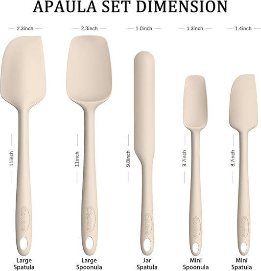 Coukre Silicone Spatula Set of 5,High Heat Resistant, Food Grade Silicone, Upgraded Extended Reinforced Handle,Dishwasher Safe, for Baking, Cooking (Pure Beige, Solid color)