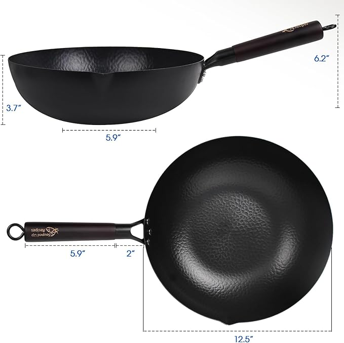 Souped Up Recipes 12.5 Inch Carbon Steel Wok For Electric, Induction and Gas Stoves (Lid, Spatula and User Guide Video Included)