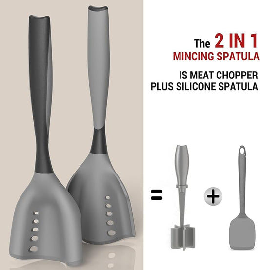 2Pack Meat Chopper Mincing Spatula, Silicone Grinder for Ground Beef | Heat Resistant, Smasher for Potato Mix Tool, Non-Scratch for Non-Stick Pans, Meat & Poultry Tenderizers, Black