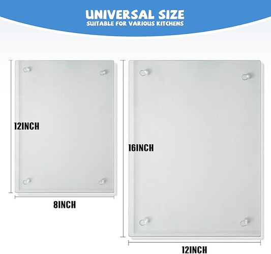 Tempered Glass Cutting Board for Kitchen, Clear Glass Board for Countertop, Heat Resistant, with Non-Slip Feet, 12x16" & 12x8" 2 Pcs Clear