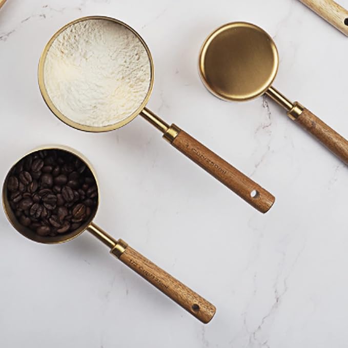 4pcs Stainless Steel Measuring Cups Wooden Handle, 4 Sizes, Gold | Measuring Cup and Spoon Set, Measuring Scoops, For Measuring Dry and Wet Ingredients, 250ml, 125ml, 80ml, 60ml