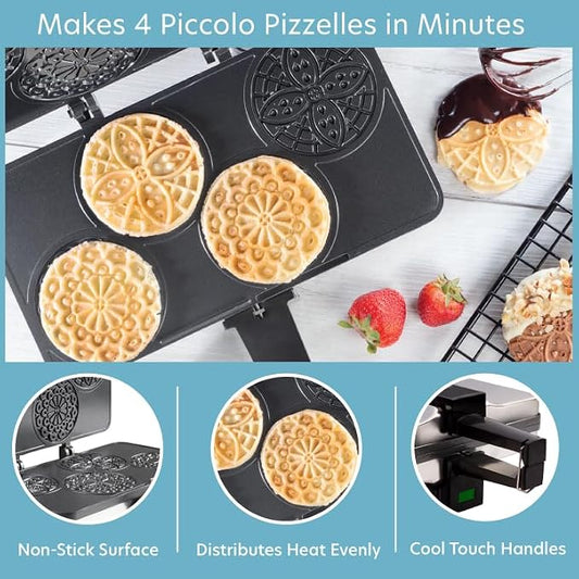 Piccolo Pizzelle Baker, Non-Stick Electric Press Makes 4 Mini Cookies | Even Heating Plates, Fun Baking Machine with Recipe Guide, Brunch Party Supplies, Italian Waffle Dessert Treat, Gift for Her