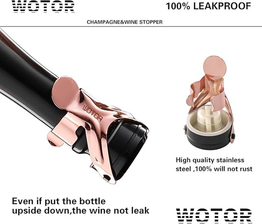 WOTOR Champagne&Wine Bottle Stoppers Stainless Steel with Food Grade Silicone, Leak Proof Keep Fresh Reusable Saver, Cork Suitable for Wine, Champagne, Cava, Prosecco and Sparkling (2 Pack Rosegold)
