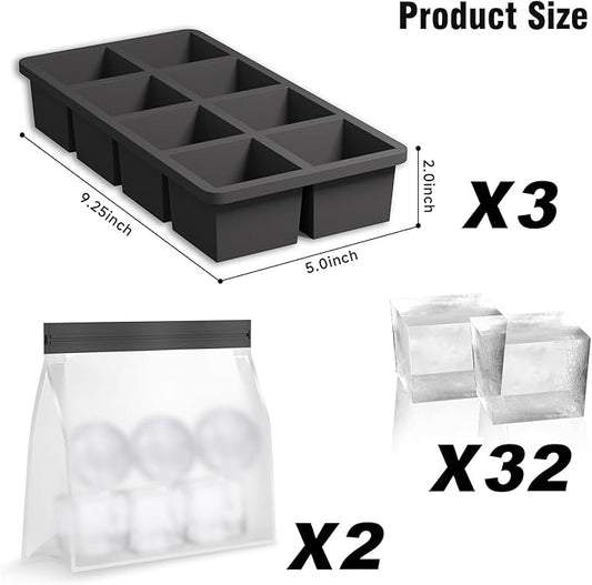 Samuelworld Large Silicone Ice Cube Tray Molds, 3-Pack, Big 2 Inch Cubes - Food Grade, Flexible, 8 Cavity Easy Release Slow Melting Ice for Whiskey, Cocktails, Gifts & Christmas - Black(Ice Bag)