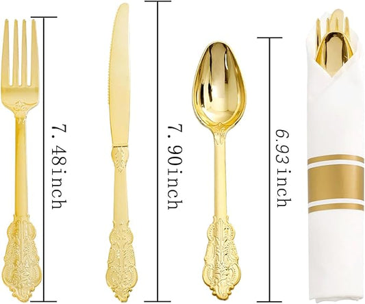 Liacere 400PCS Gold Plastic Silverware - Pre Rolled Napkins Disposable Gold Plastic Cutlery-Premium Quality Utensils-Includes 100Forks,100Knives,100Spoons,100Napkins&Wedding&Thanksgiving