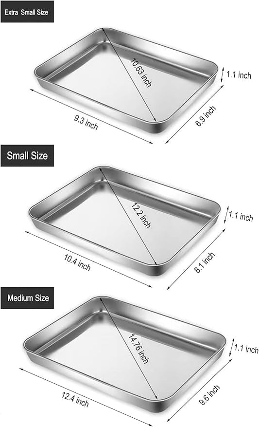 Little Serving Trays Stainless Steel 304 in Bulk Small Cookie Baking Sheet Pans 10.4 x8.1 x1.1Inch (Diagonal 12.3) Reheat Food Small Items No Rust Dishwasher Safe Bakeware for 2 Person 12 Pack