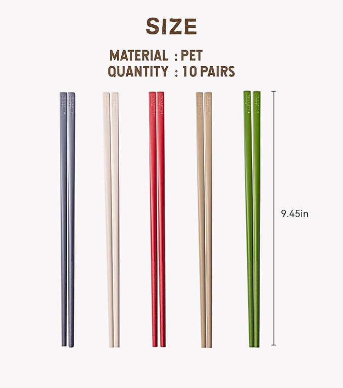 10 Pairs Fiberglass Chopsticks Reusable Set | Dishwasher Safe | Lightweight | Non-Slip, 9.45-Inch - Colourful Chop Stick