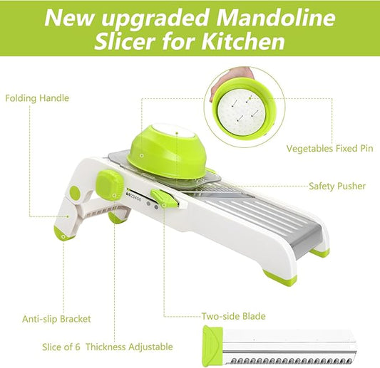 Mandoline Slicer for Kitchen, Adjustable Stainless Steel Mandoline Food Slicer, Onion Potato Cucumber Tomato Carrot Vegetable Fruit Slicer, Mandolin Veggie Cutter with Food Holder, Green