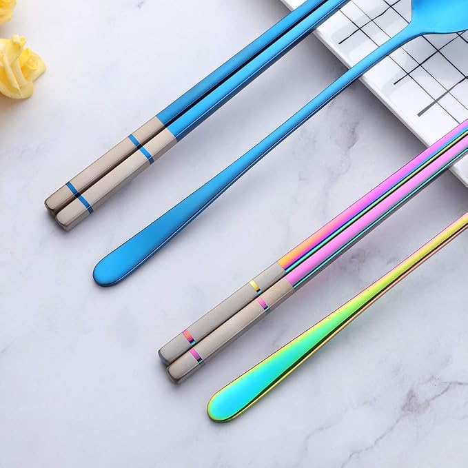 Buyer Star 4 color Square Chopsticks and Spoons Set Metal Stainless Steel Spoons Chopsticks Set